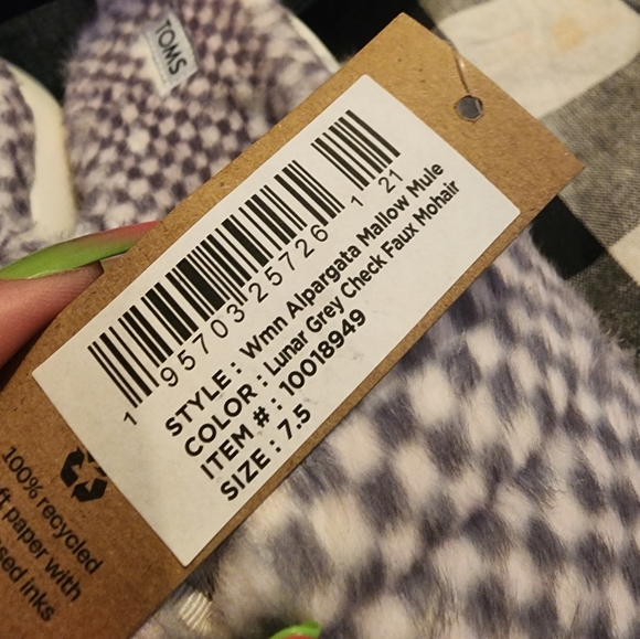 TOMS Alpargata Mallow Mule Lunar Grey Check Faux Mohair Slippers Comfy Checkered - Picture 2 of 3